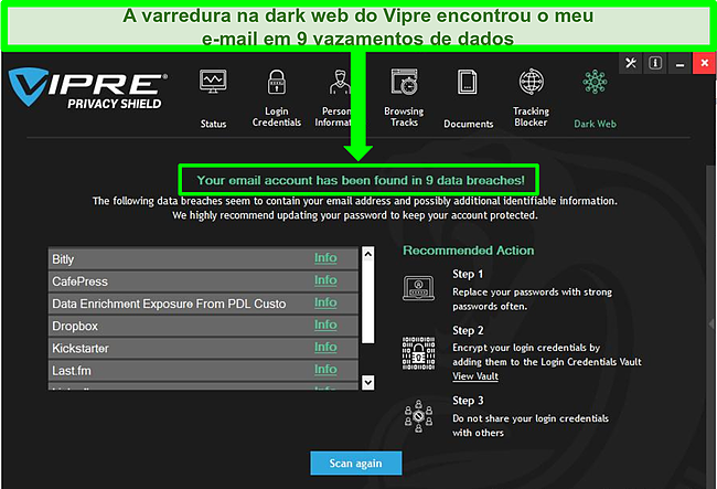 Captura de tela do scanner dark web do Vipre Privacy Shield