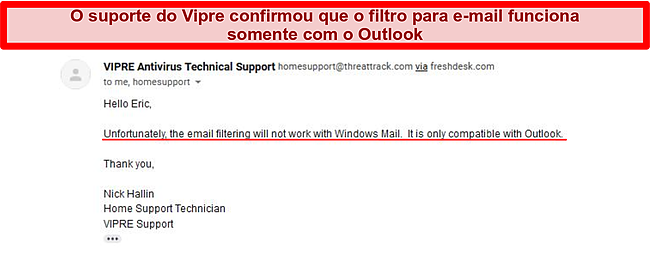 Captura de tela de uma troca de e-mail com suporte Vipre