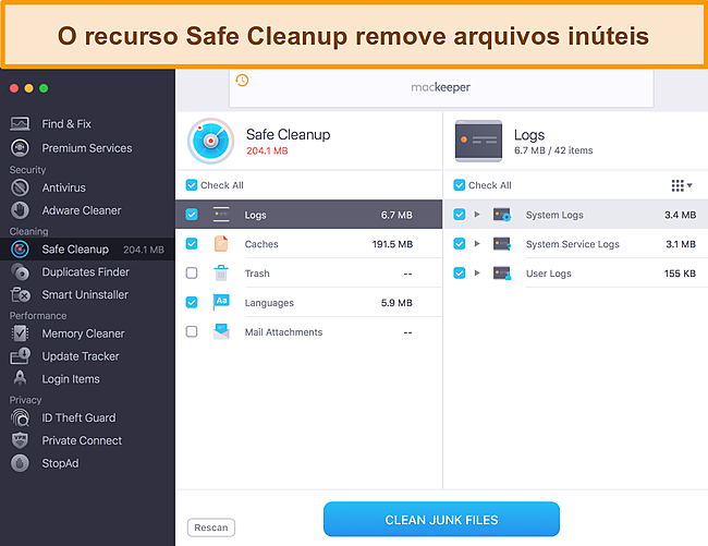 Imagem da limpeza segura do MacKeeper identificando arquivos inúteis para limpeza