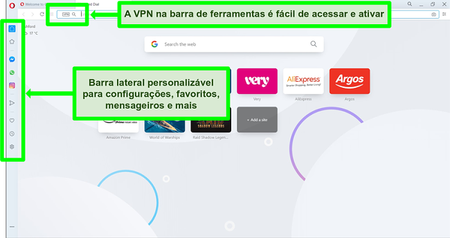 Captura de tela da página inicial do Opera com VPN e barra lateral destacadas