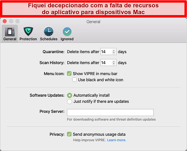 Captura de tela da interface do macOS do Vipre Advanced Security