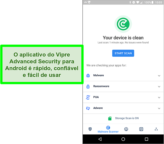 Captura de tela do aplicativo Vipre Advanced Security para Android