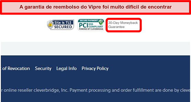 Captura de tela de letras miúdas na parte inferior do carrinho de compras da Vipre mencionando a garantia de devolução do dinheiro
