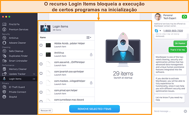 Imagem dos itens de login do Mackeeper mostrando programas a serem removidos durante a inicialização