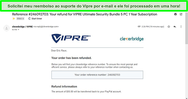 Captura de tela de um aviso de reembolso enviado por e-mail do suporte da Vipre