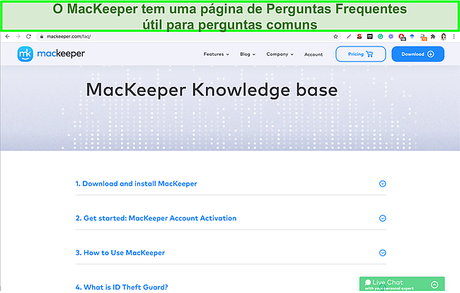 Imagem da base de conhecimento online do MacKeeper com respostas úteis para perguntas comuns