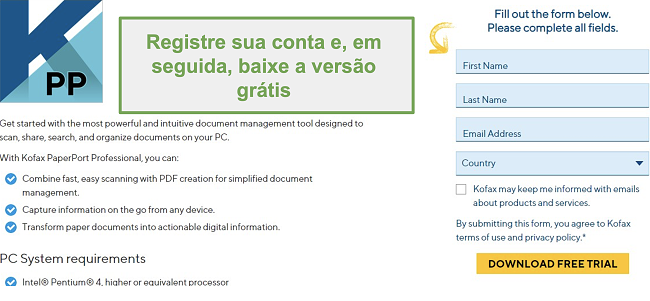 Captura de tela do formulário de registro para baixar a versão gratuita