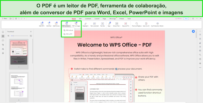 Captura de tela das ferramentas do leitor de PDF do WPS Office