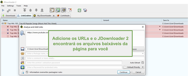 Captura de tela de arquivos JDownloader localizando recurso por meio de URLs