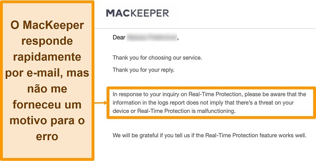 Captura de tela de uma conversa por e-mail com o antivírus MacKeeper sobre mensagens de erro encontradas no registro durante a verificação de vírus