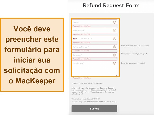 Captura de tela do formulário de solicitação de reembolso do MacKeeper ao usar a garantia de devolução do dinheiro