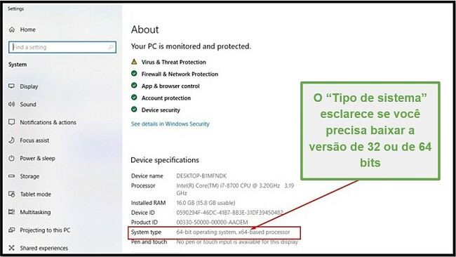 Captura de tela das configurações do sistema do Windows mostrando as especificações do dispositivo