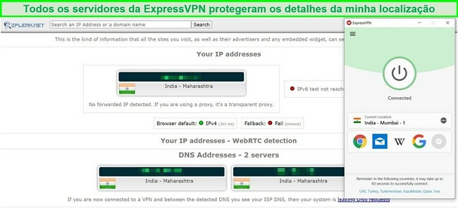 Captura de tela de um teste de vazamento de IP e DNS no servidor ExpressVPN na Índia