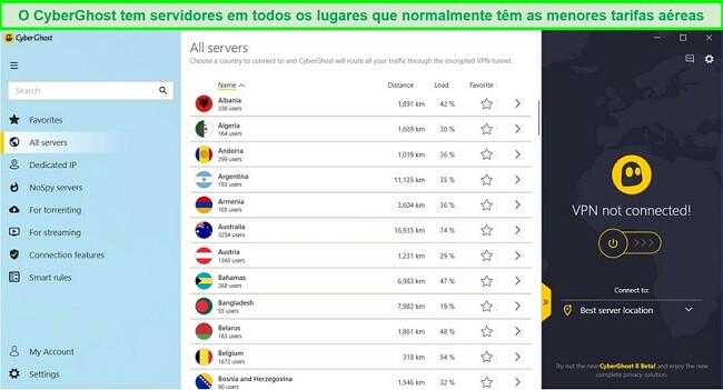 Captura de tela da lista de servidores disponíveis do CyberGhost