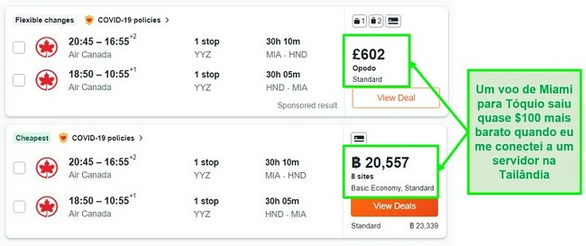 Comparação de preços da rota Miami-Tóquio usando servidores no Reino Unido e na Tailândia