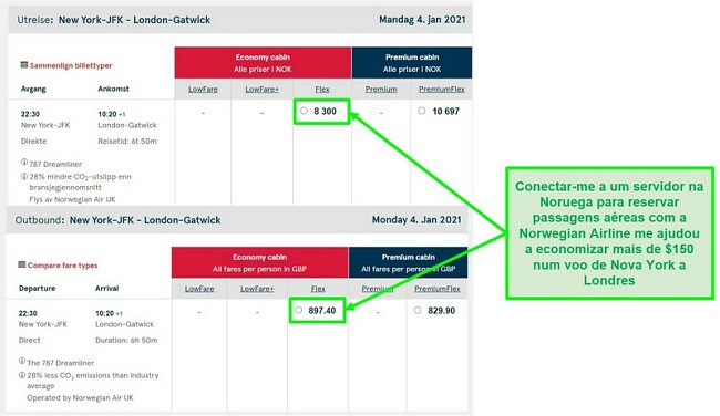 Comparação de preços de voos Nova York-Londres mostrando diferenças enquanto conectado a servidores na Noruega e no Reino Unido