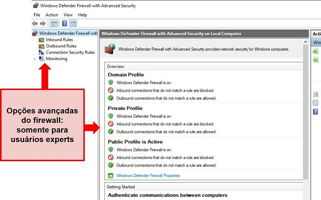 Captura de tela das configurações de segurança do Firewall do Windows Defender