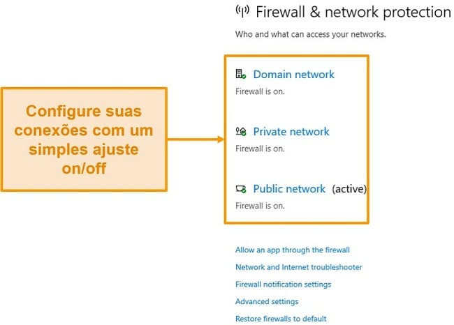 Captura de tela das configurações de firewall do Microsoft Defender