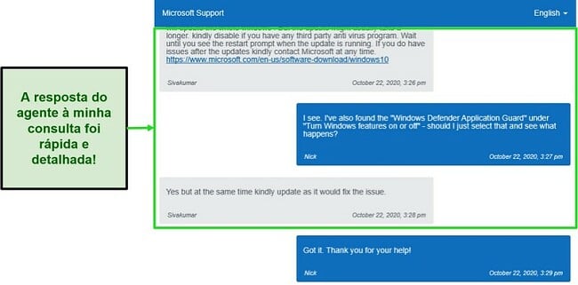 Captura de tela do bate-papo ao vivo com um consultor do Windows