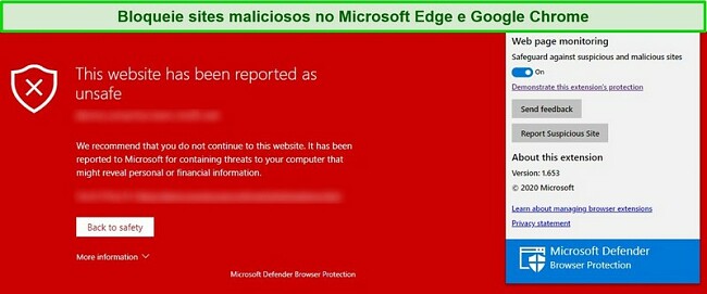 Captura de tela do Microsoft Defender bloqueando um site malicioso