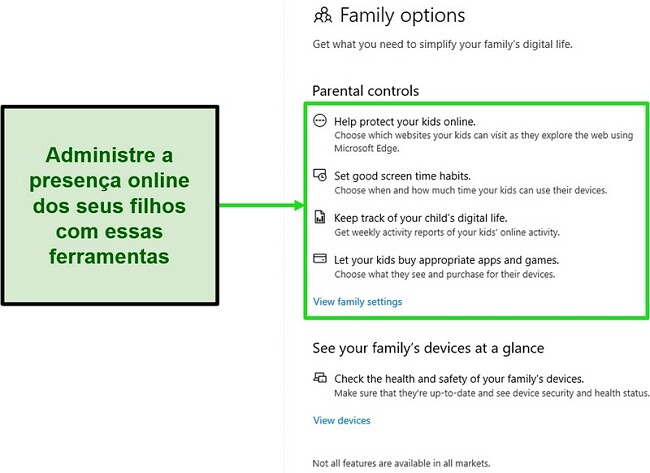 Captura de tela das ferramentas de controle dos pais do Microsoft Defender