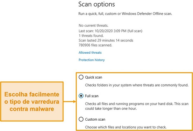 Captura de tela das opções de verificação do Microsoft Defender