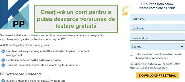 Captură de ecran a formularului de înregistrare pentru a descărca perioada de încercare gratuită