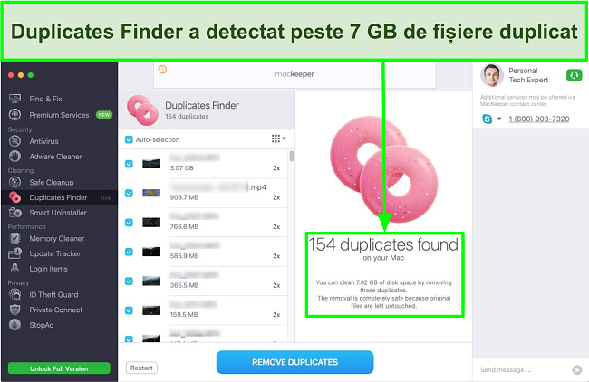 Imagine a MacKeeper Duplicates Finder detectând fișierele repetate în valoare de 7 GB