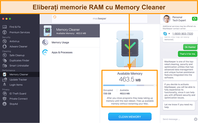 Imagine a interfeței MacKeeper Memory Cleaner care identifică utilizarea RAM
