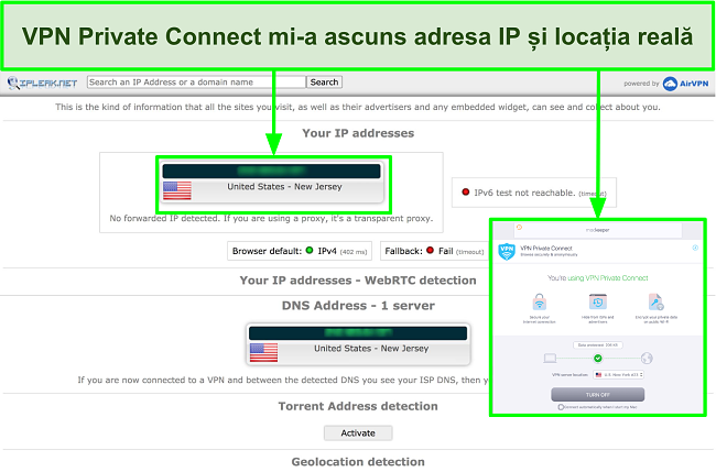 Imagine a VPN-ului MacKeeper care ascunde cu succes adresa IP în timpul unui test