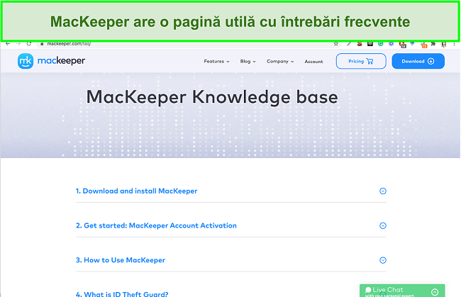 Imagine a bazei de cunoștințe online a MacKeeper, oferind răspunsuri utile la întrebări frecvente