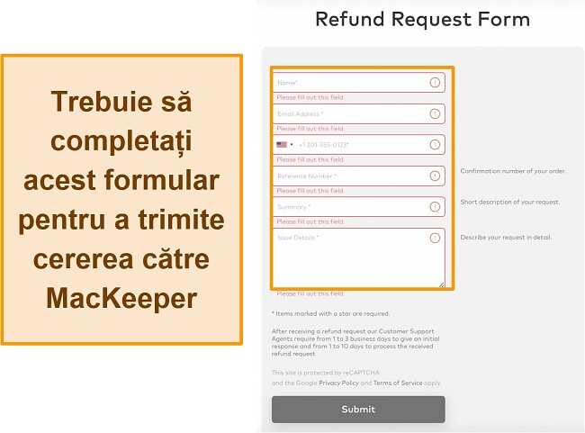 Captură de ecran a formularului de solicitare a rambursării MacKeeper atunci când utilizați garanția de returnare a banilor