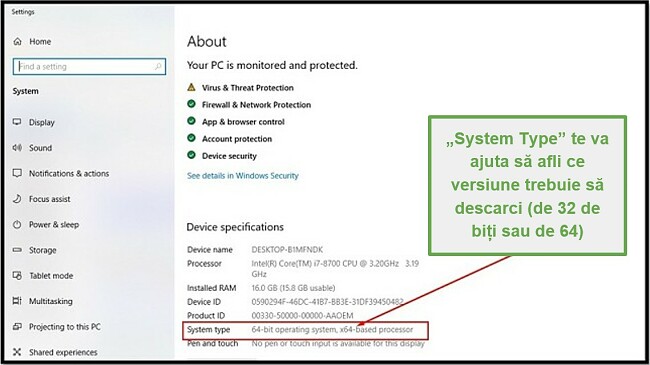 Captură de ecran a setărilor de sistem Windows care arată specificațiile dispozitivului