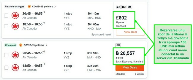 Compararea prețurilor rutei Miami-Tokyo folosind servere din Marea Britanie și Thailanda
