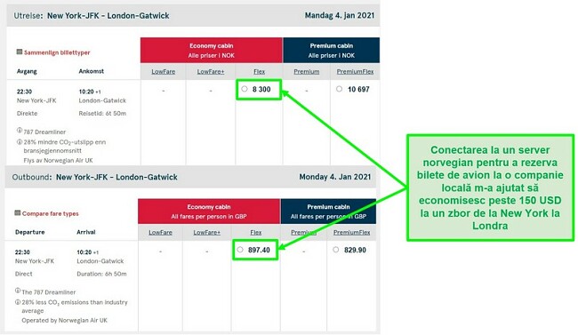  Compararea prețurilor pentru zborurile New York-Londra care arată diferențe în timp ce sunt conectate la servere din Norvegia și Marea Britanie