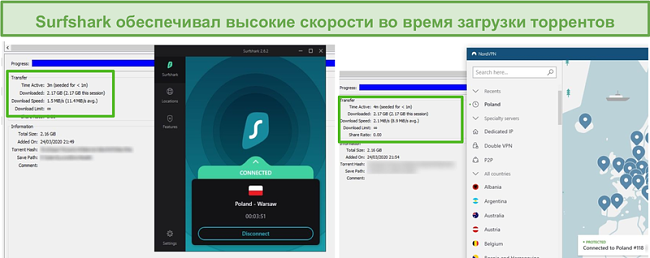 Снимок экрана, на котором Surfshark загружает торрент со средней скоростью 95,6 Мбит / с и NordVPN со средней скоростью 74,6 Мбит / с.