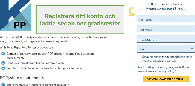 Skärmdump av registreringsformuläret för att ladda ner den kostnadsfria provperioden