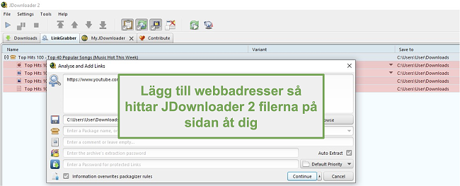 Skärmdump av sökfunktionen för JDownloader-filer via URL: er