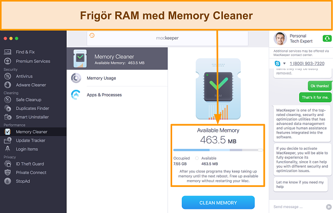 Bild på MacKeeper Memory Cleaner -gränssnitt som identifierar RAM -användning