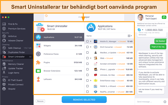 Bild på MacKeepers Smart Uninstaller som identifierar oanvända appar för borttagning