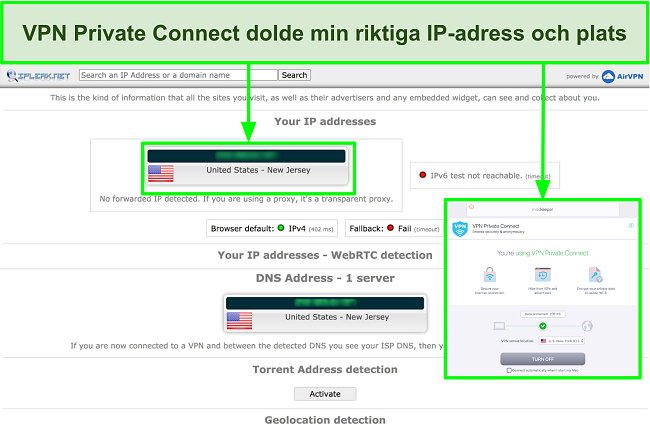 Bild på MacKeepers VPN döljer framgångsrikt IP -adress under ett test
