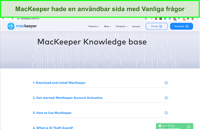 Bild på MacKeepers online kunskapsbas som ger användbara svar på vanliga frågor
