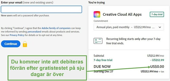Skärmdump av Adobes faktureringssida
