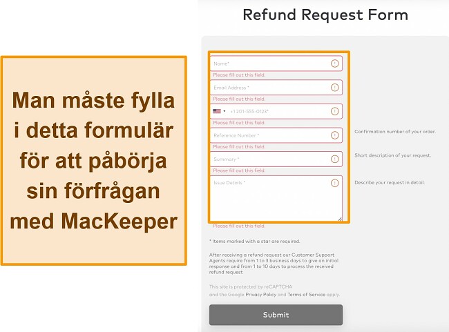 Skärmdump av MacKeepers återbetalningsformulär när du använder pengarna-tillbaka-garantin