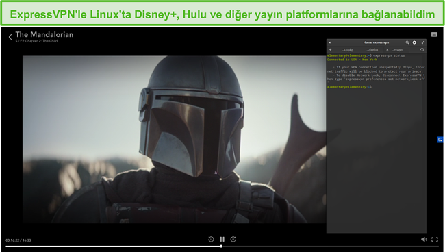 Disney + ABD'den The Mandalorian'ın engelini kaldıran Linux'ta ExpressVPN'in ekran g&ouml;r&uuml;nt&uuml;s&uuml;.