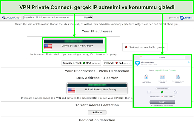 MacKeeper'ın VPN'inin bir test sırasında IP adresini başarıyla gizlediği görüntüsü