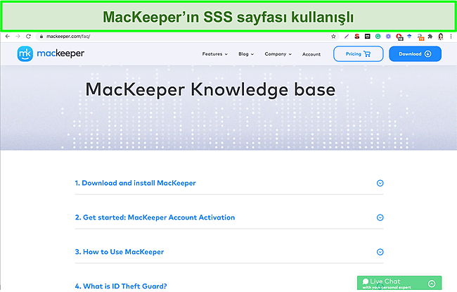 MacKeeper'ın sık sorulan sorulara faydalı yanıtlar veren çevrimiçi bilgi tabanının resmi
