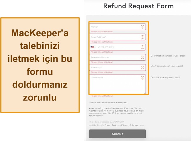 Para iade garantisini kullanırken MacKeeper'ın geri ödeme talep formunun ekran görüntüsü