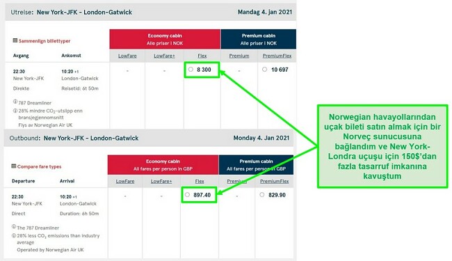 Norveç ve İngiltere'deki sunuculara bağlıyken farklılıkları gösteren New York-Londra uçuşlarının fiyat karşılaştırması