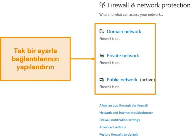 Microsoft Defender güvenlik duvarı ayarlarının ekran görüntüsü